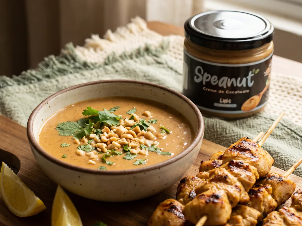 Tazón de salsa satay con cacahuate picado y cilantro, brochetas de pollo y un frasco de Speanut Light